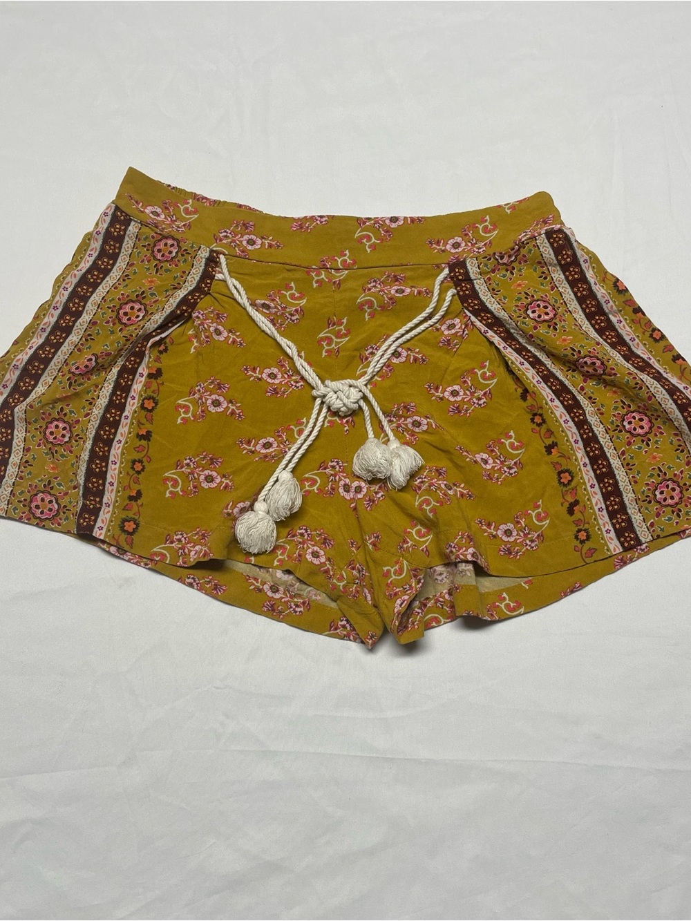 BeBop Mustard Floral Rope-Accent Shorts